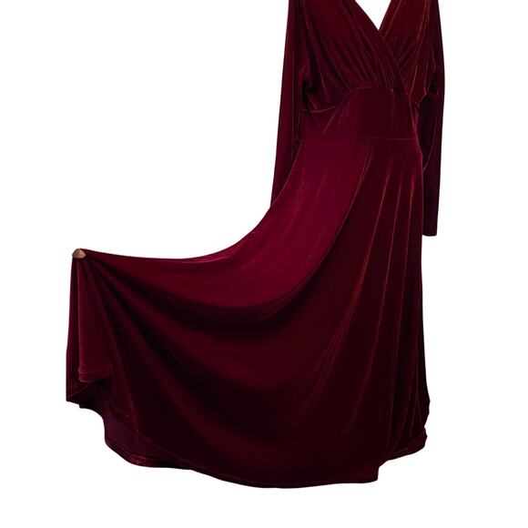 Deep red velvet maxi dress faux wrap wide midriff  v neck long sleeve party - Picture 3 of 11